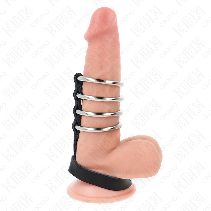 KINK - 4 ANNEAUX PÉNILIENS MÉTALLIQUES 3,8 CM RELIÉS PAR UNE BANDE EN CUIR 22 X 1,5 CM ET UN BOUTON PRESSION