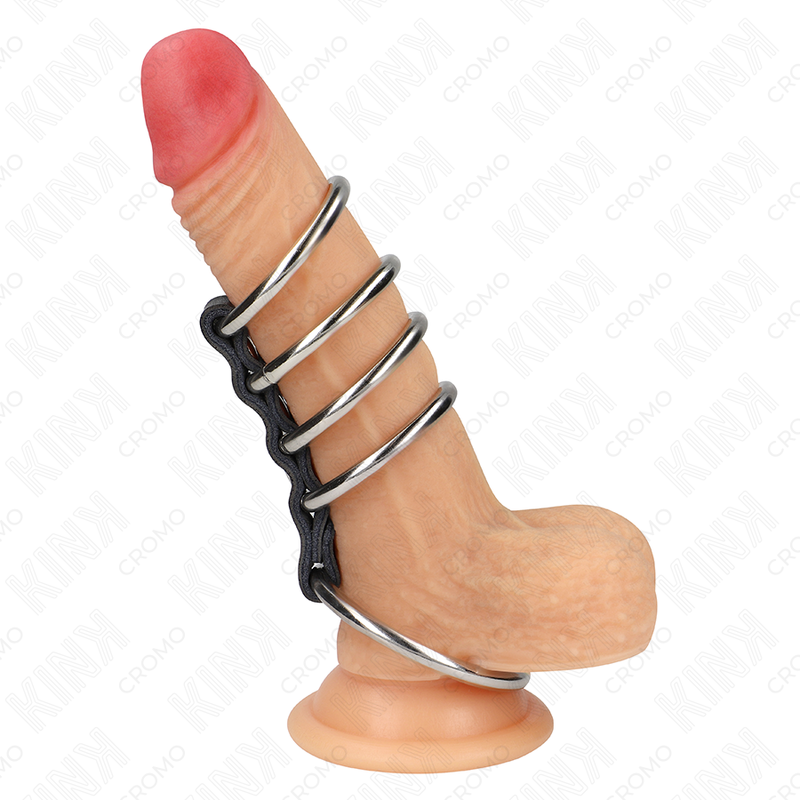 KINK - 5 ANNEAUX PÉNIS 3,7 CM À 5 CM MÉTAL RELIÉS PAR DU CUIR