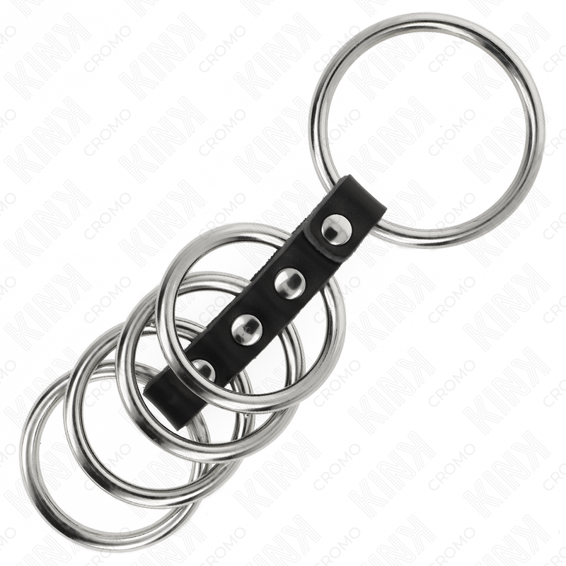 KINK - 5 ANNEAUX PÉNIS 3,7 CM À 5 CM MÉTAL RELIÉS PAR DU CUIR