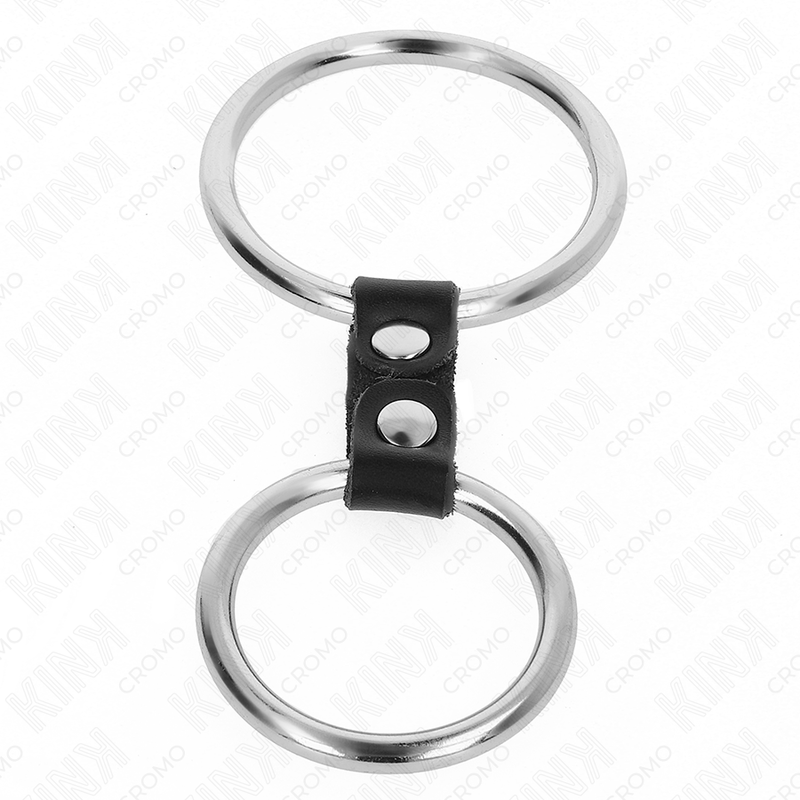 KINK - DOUBLE ANNEAU PÉNIEN MÉTAL 3,7 CM À 5 CM RELIÉ PAR LIEN EN CUIR MODÈLE 2