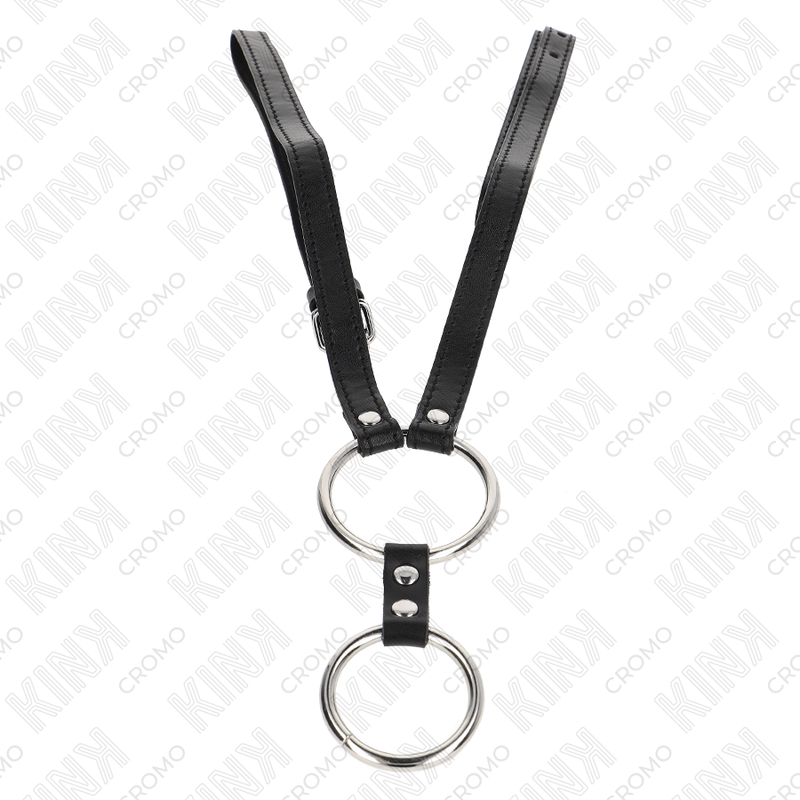 KINK - DOUBLE ANNEAU DE PÉNIS EN MÉTAL DE 3,8 CM À 5 CM AVEC SANGLES EN CUIR DE 112 CM