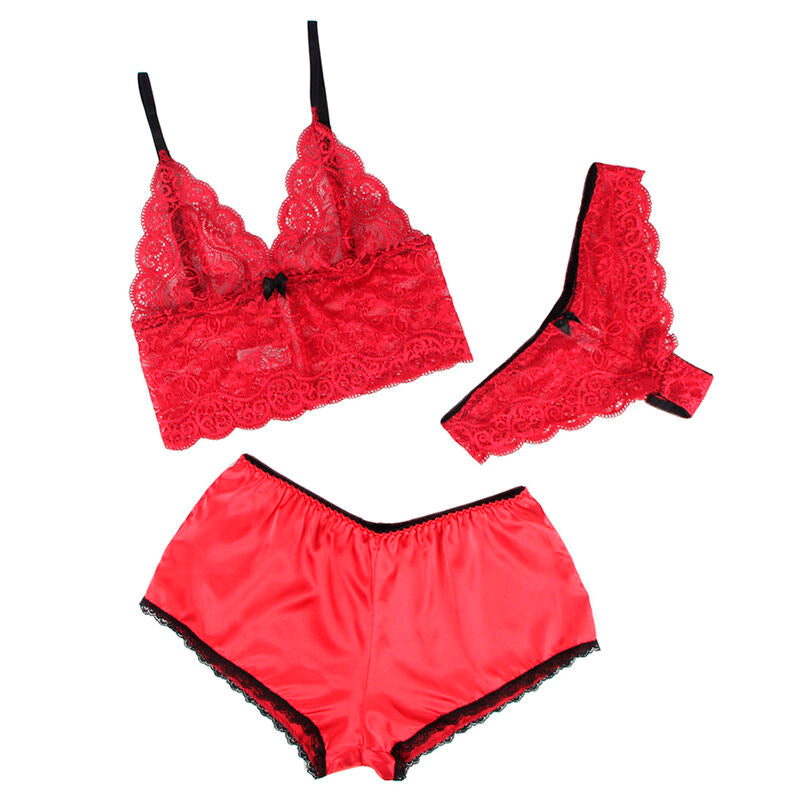 SUBBLIME - 953898 NUISETTE + CULOTTE EN SOIE ET DENTELLE ROUGE S/M