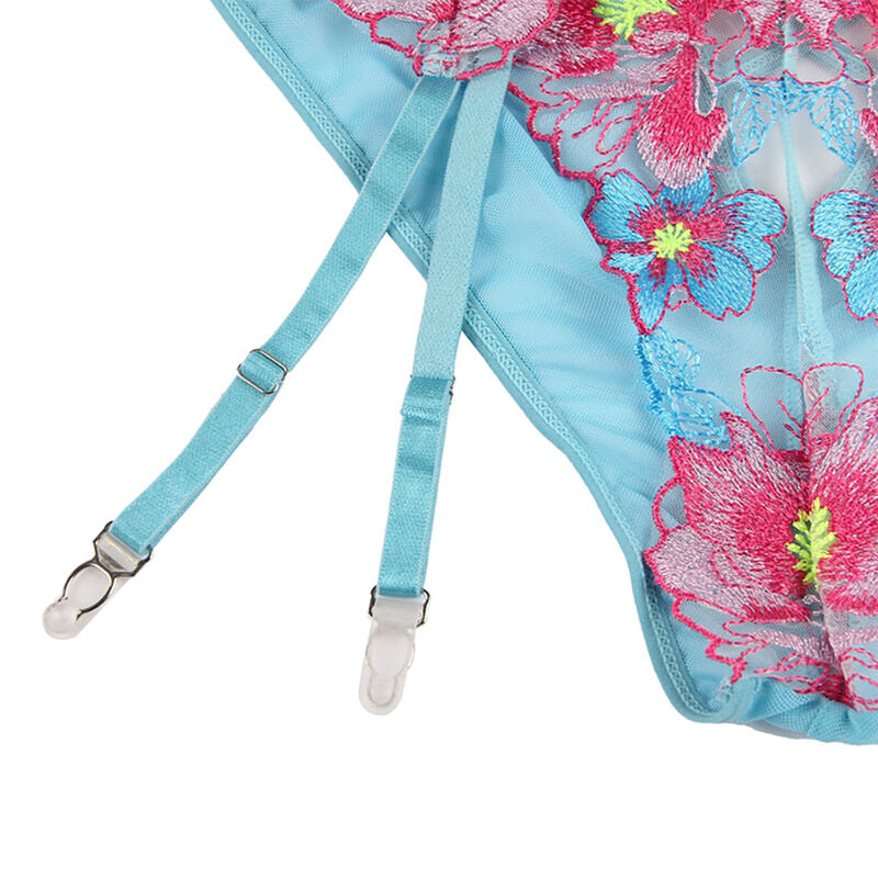 SOUS-VÊTEMENTS - 954109 SOUTIEN-GORGE + CULOTTE AVEC PORTE-JARRETELLES MOTIF FLEURI BLEU S/M