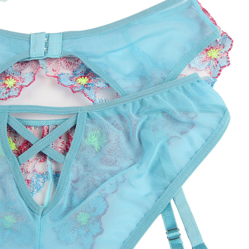 SOUS-VÊTEMENTS - 954109 SOUTIEN-GORGE + CULOTTE AVEC PORTE-JARRETELLES MOTIF FLEURI BLEU S/M