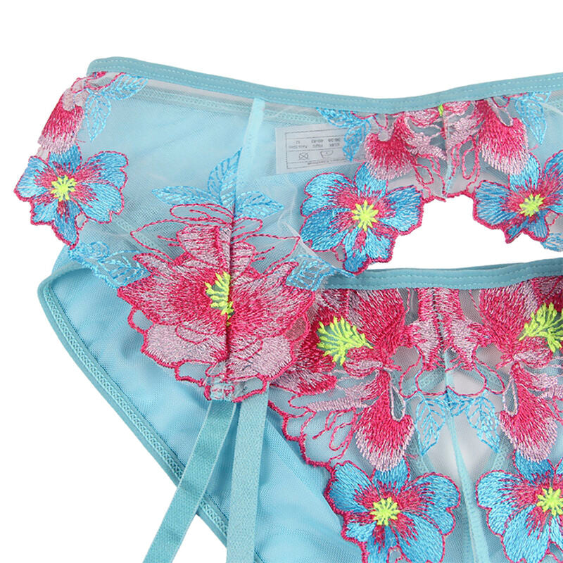 SUBBLIME - 954116 SOUTIEN-GORGE + CULOTTE AVEC PORTE-JARRETELLES MOTIF FLEURI BLEU L/XL