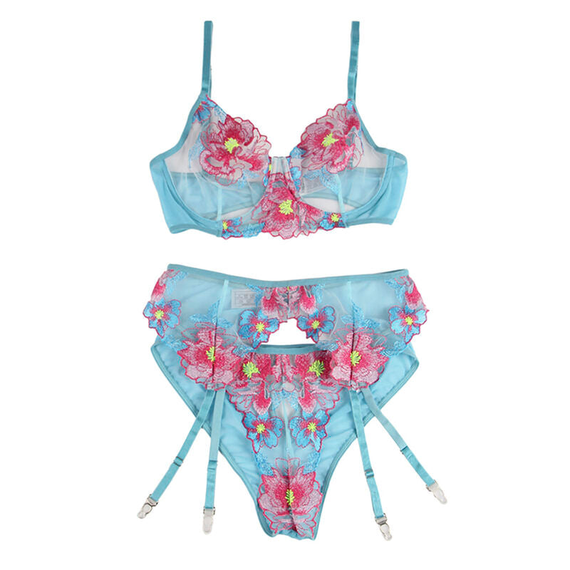 SUBBLIME - 954116 SOUTIEN-GORGE + CULOTTE AVEC PORTE-JARRETELLES MOTIF FLEURI BLEU L/XL