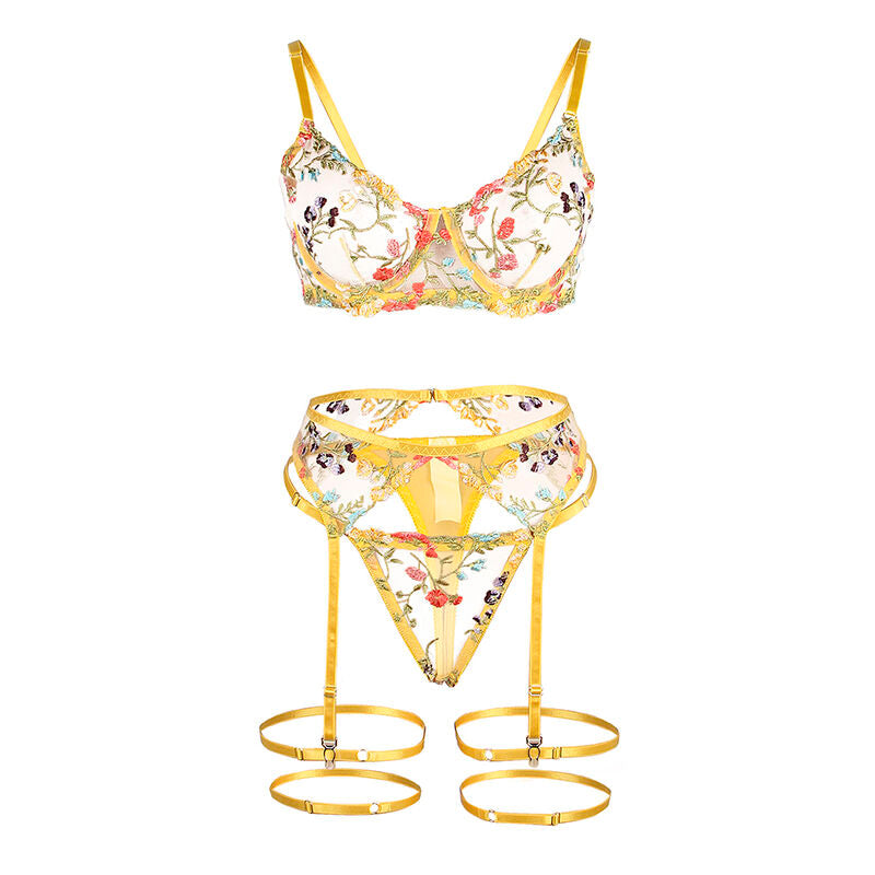 SUBBLIME - 954352 Soutien-gorge + string + porte-jarretelles design floral jaune L/XL