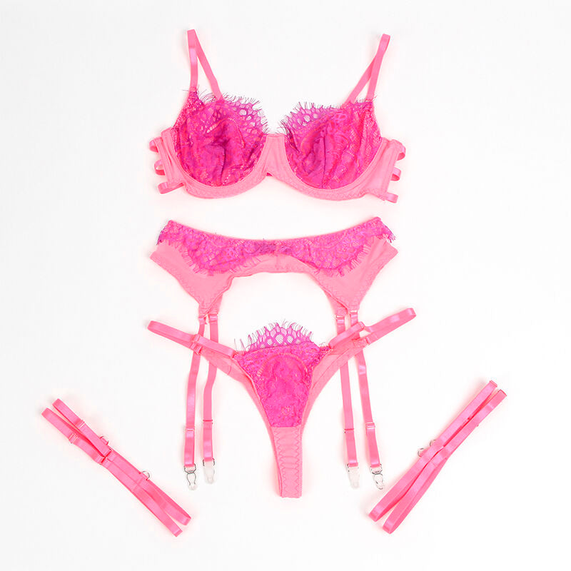 SUBBLIME - 955359 ENSEMBLE SOUTIEN-GORGE EN DENTELLE ET PORTE-JARRETELLES ROSE ET VIOLET S/M