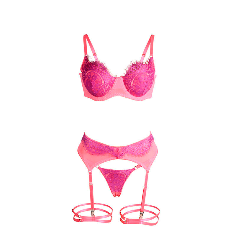 SUBBLIME - 955359 ENSEMBLE SOUTIEN-GORGE EN DENTELLE ET PORTE-JARRETELLES ROSE ET VIOLET S/M
