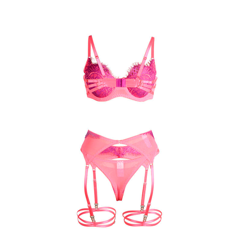 SUBBLIME - 955359 ENSEMBLE SOUTIEN-GORGE EN DENTELLE ET PORTE-JARRETELLES ROSE ET VIOLET S/M