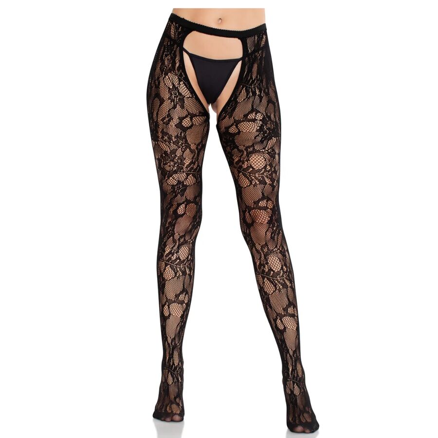 LEG AVENUE - BAS NOIR EN DENTELLE ROSES AVEC OUVERTURE ARRIÈRE