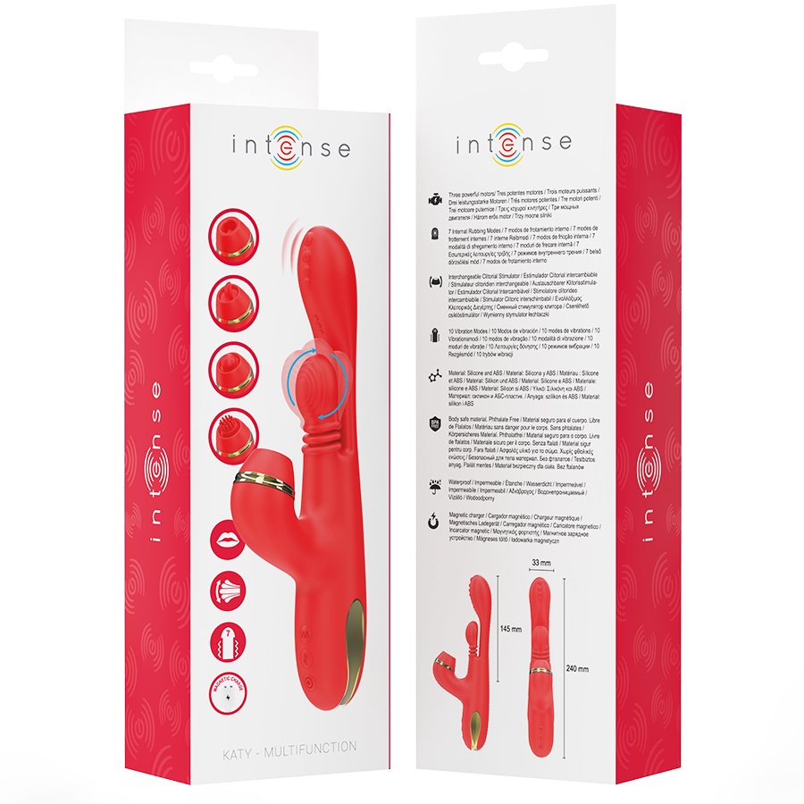 INTENSE - STIMULATEUR CLITORIDIEN MULTIFONCTION KATY AVEC 4 TÊTES INTERCHANGEABLES ROUGE
