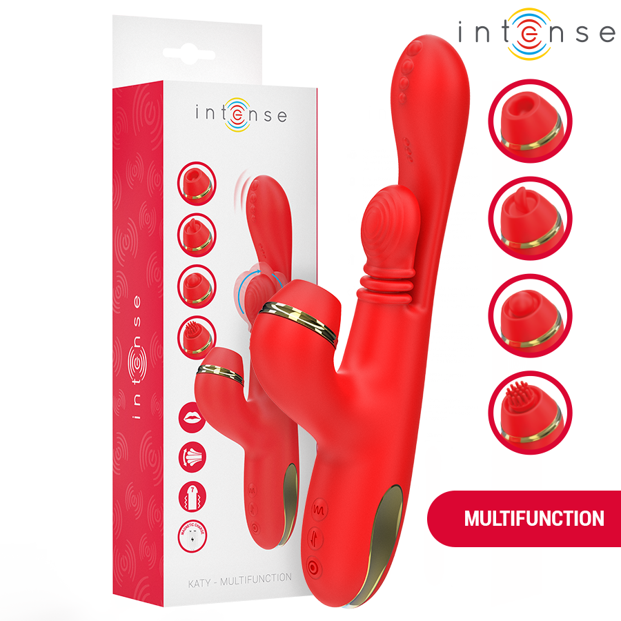 INTENSE - STIMULATEUR CLITORIDIEN MULTIFONCTION KATY AVEC 4 TÊTES INTERCHANGEABLES ROUGE