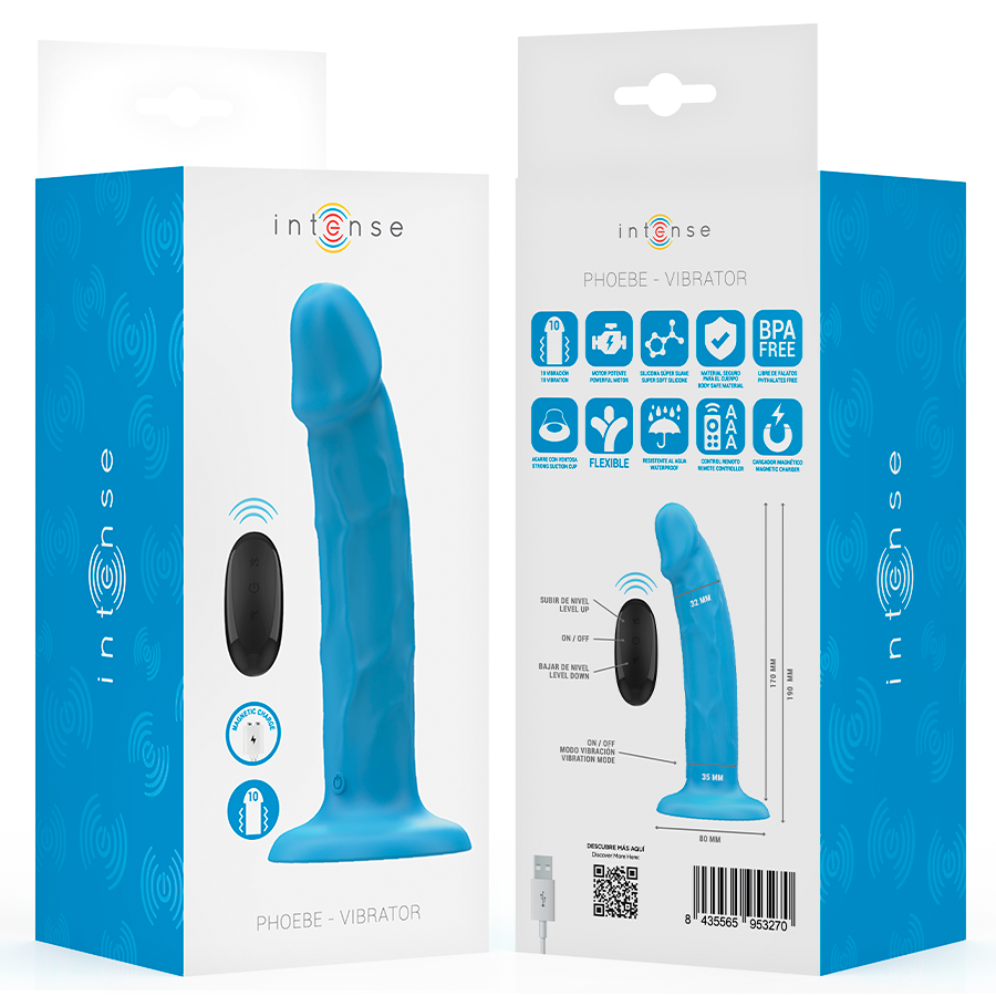 INTENSE - VIBRATEUR RÉALISTE PHOEBE 10 VIBRATIONS TÉLÉCOMMANDE BLEUE