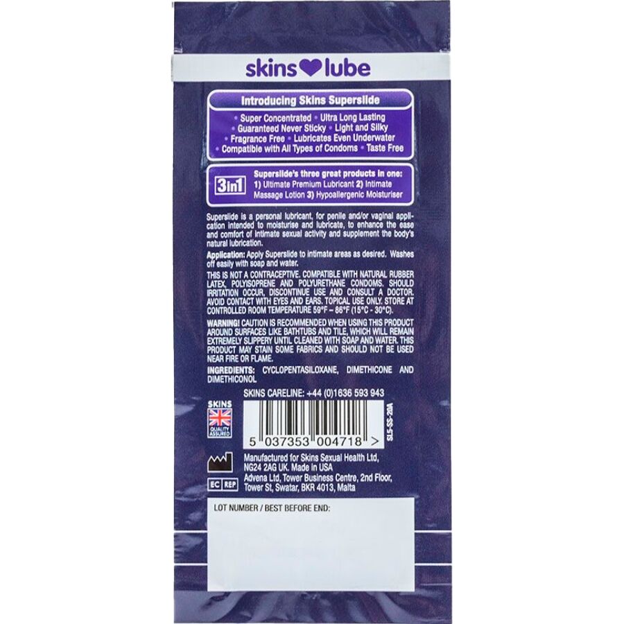SKINS – SUPERSLIDE Lubrifiant à base de silicone, dose unique 5 ml