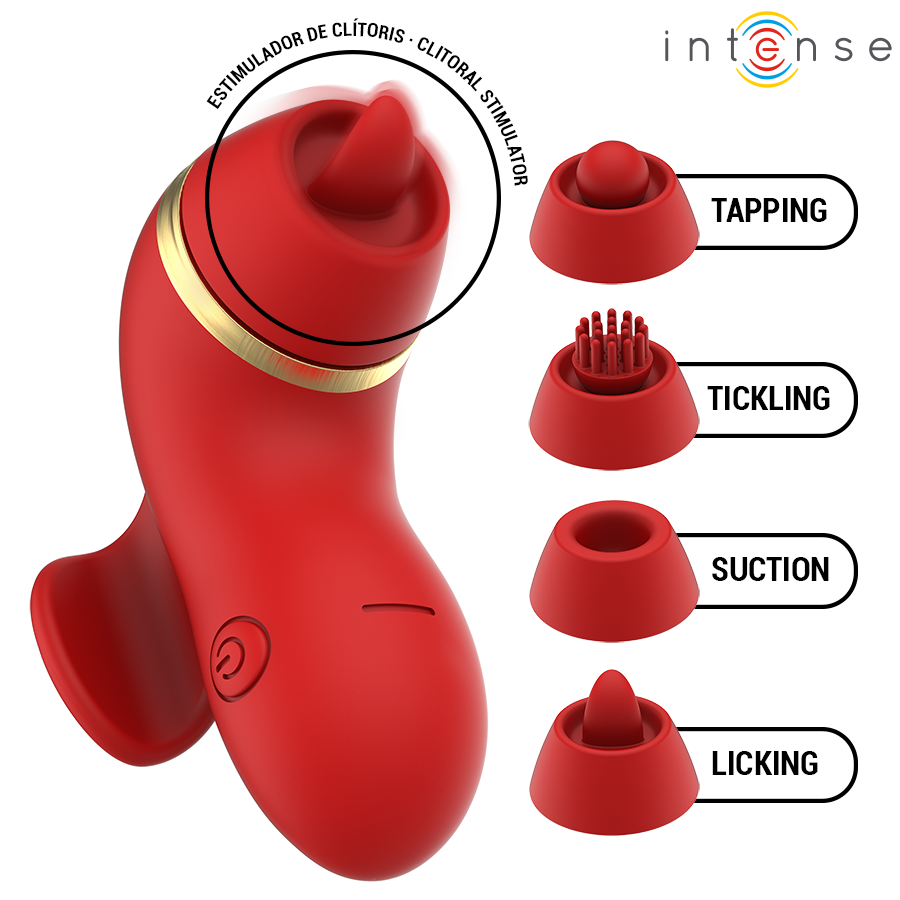 INTENSE - STIMULATEUR CLITORIDIEN AVEC 4 EMBOUTS, FONCTIONS SUCCION, ESCALADE, CHATOUILLEMENT ET LÉCHAGE