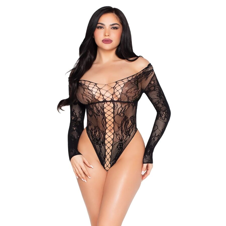 LEG AVENUE - 89370 TEDDY EN RÉSILLE ET DENTELLE, NOIR - TAILLE UNIQUE