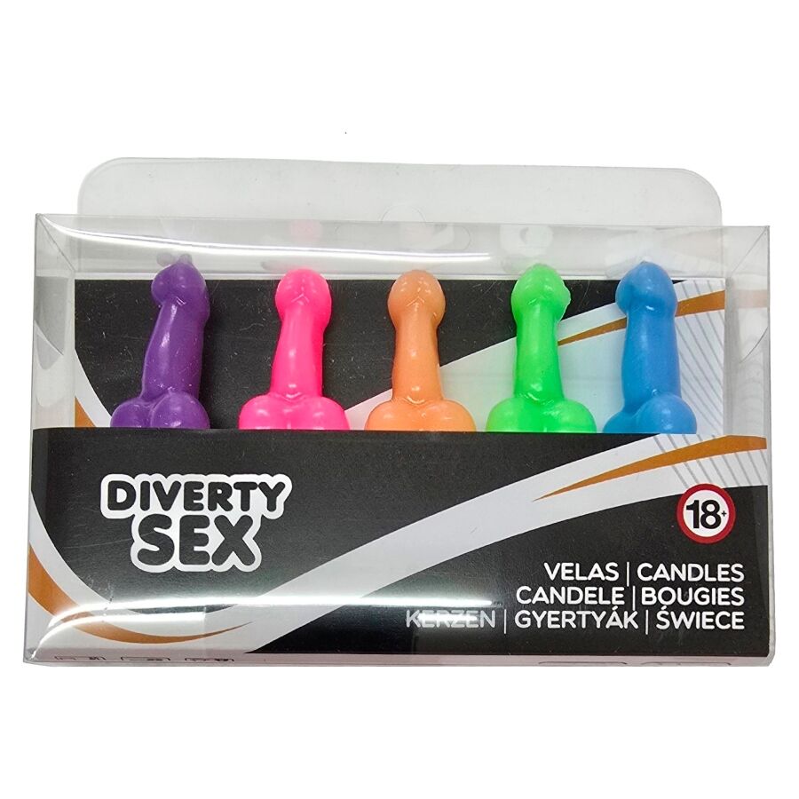 DIABLO PICANTE – BOÎTE DE 5 BOUGIES EN FORME DE PÉNIS DE COULEURS ASSORTIES
