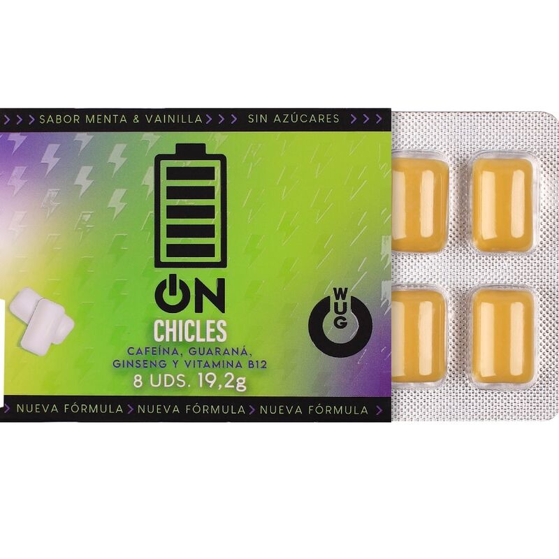 WUG ON – Funktionelles Kaugummi mit Koffein und Guarana, Minze-Vanille-Geschmack, Blisterpackung mit 8 Stück