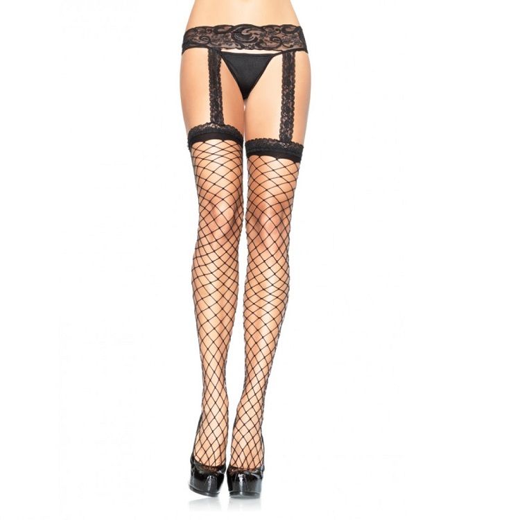LEG AVENUE - BAS RÉSILLE AVEC JARRETELLES EN DENTELLE NOIRE