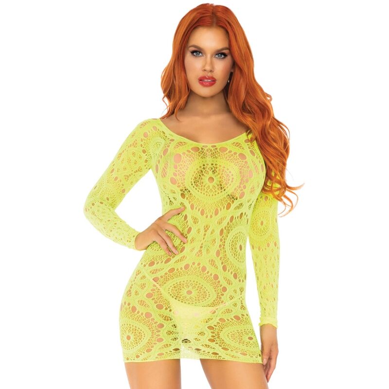 LEG AVENUE - MINI-ROBE MANCHES LONGUES EN DENTELLE AU CROCHET NÉON TAILLE UNIQUE