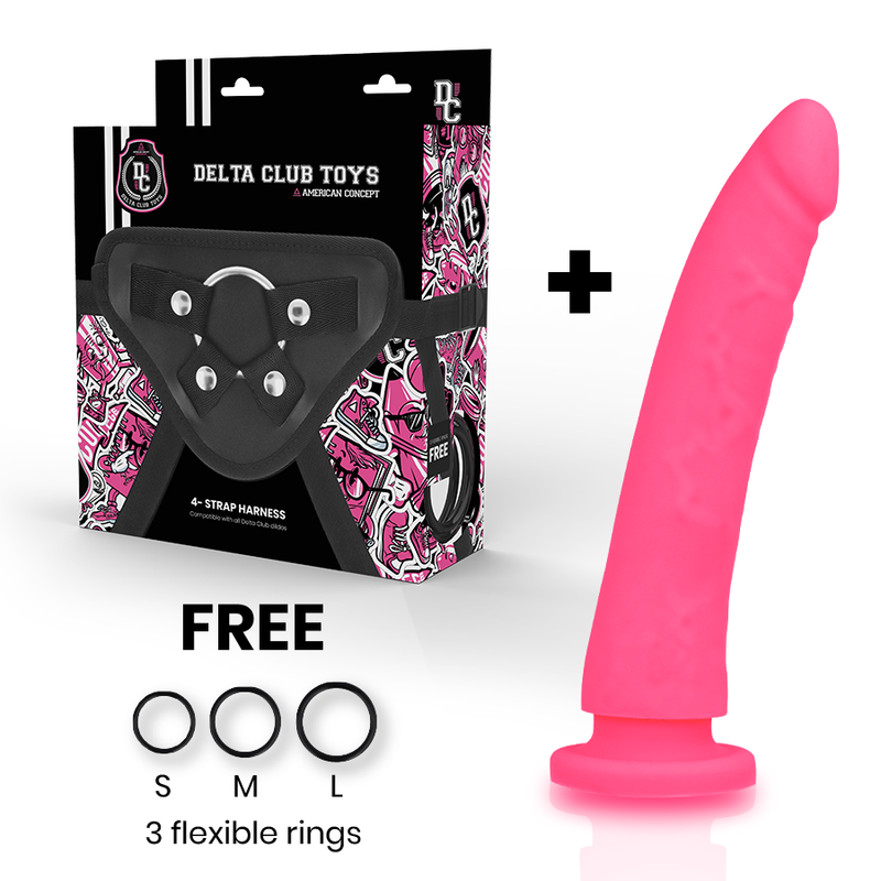 DELTA CLUB - JOUETS SANGLE + DONG ROSE SILICONE 20 CM -O- 4 CM